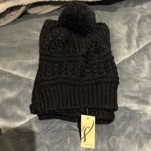 Black sparkly pompom hat with scarf. Never worn before!